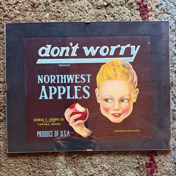 Other - Don’t Worry Northwest Apples fruit crate label vintage framed 11x14 kitchen art